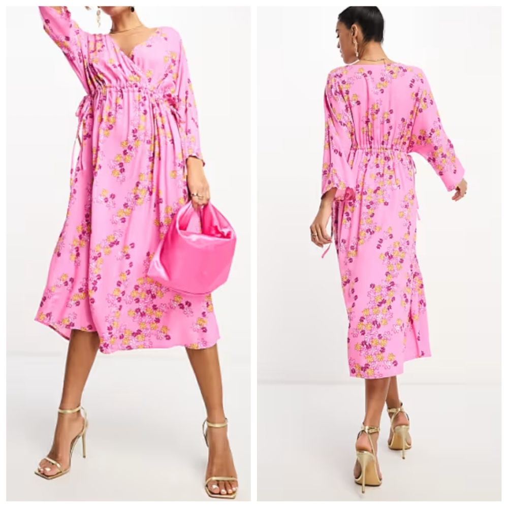 Y.A.S Ruched Side Floral Midi Dress Pink Size Small NWT